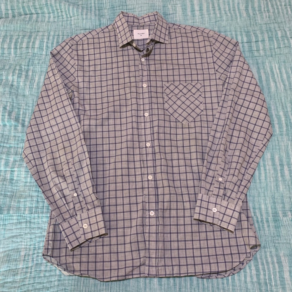 Billy Reid Button Down Shirt Mens Gray Blue Windowpane Plaid Made in Italy 16